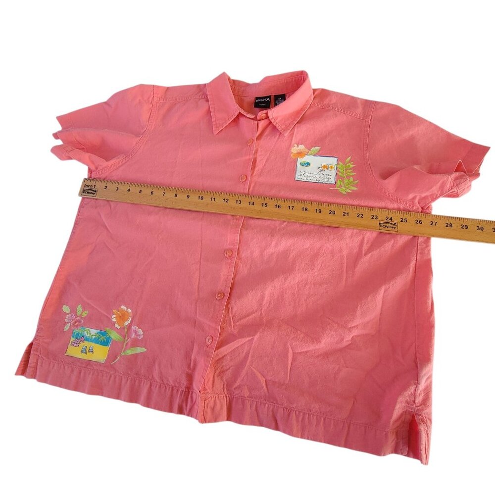 Erika Womens Coral Vacation Postcard Print Button-Up Shirt Size 2X Grandmacore - Picture 14 of 16